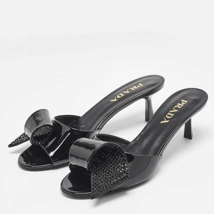 Pre Owned Prada Black Patent Leather and Satin Bow Slide Sandals Size 39