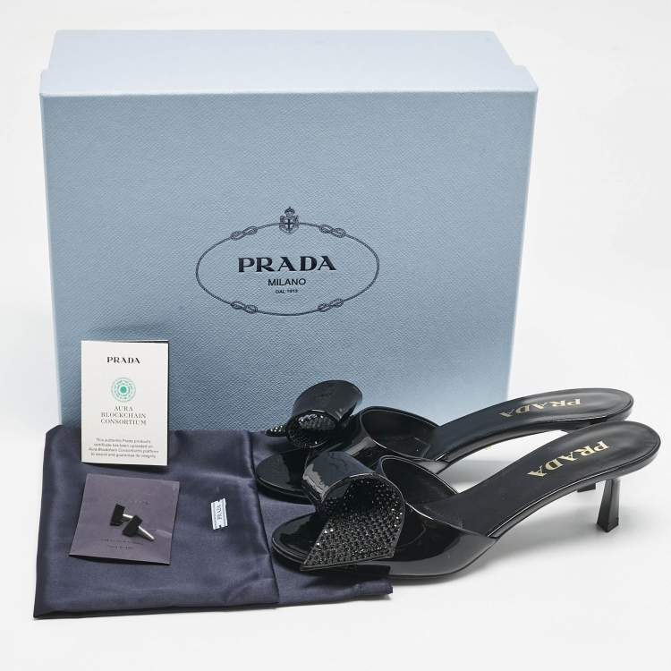 Pre Owned Prada Black Patent Leather and Satin Bow Slide Sandals Size 39
