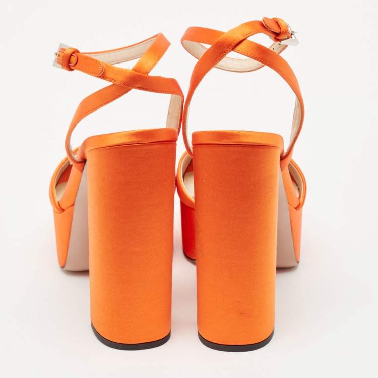 Pre Owned Prada Orange Satin Platform Ankle Strap Sandals Size 36