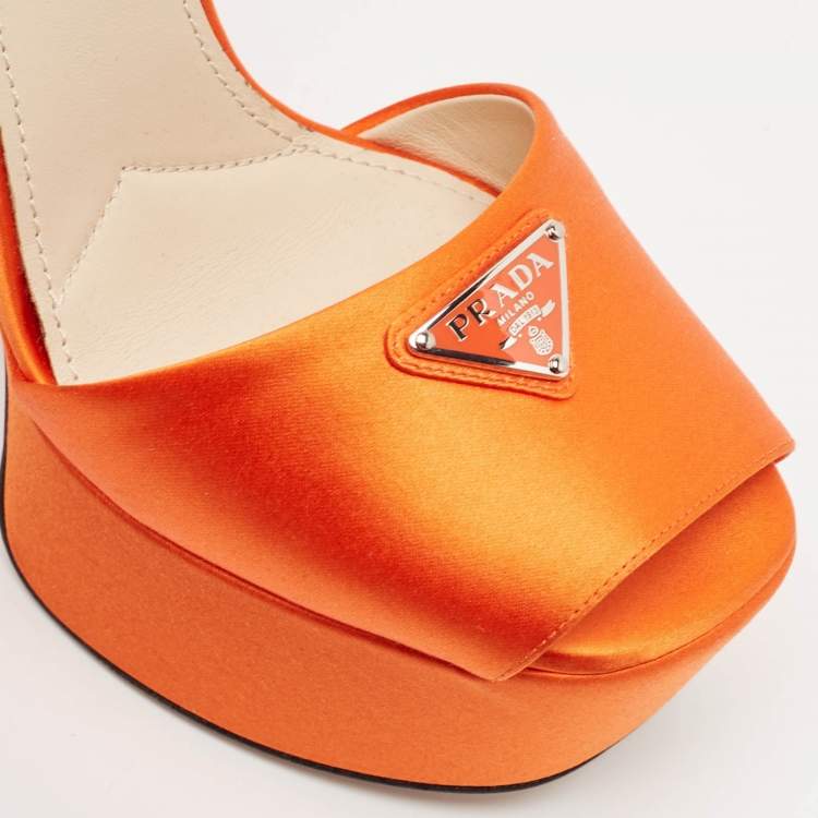 Pre Owned Prada Orange Satin Platform Ankle Strap Sandals Size 36