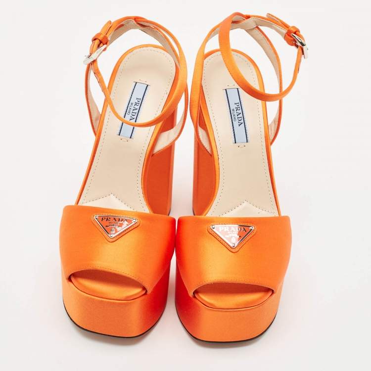 Pre Owned Prada Orange Satin Platform Ankle Strap Sandals Size 36