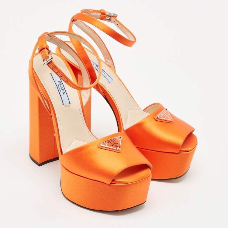 Pre Owned Prada Orange Satin Platform Ankle Strap Sandals Size 36