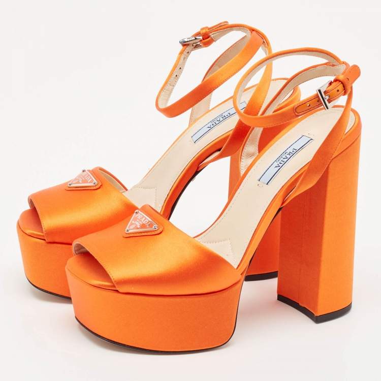 Pre Owned Prada Orange Satin Platform Ankle Strap Sandals Size 36