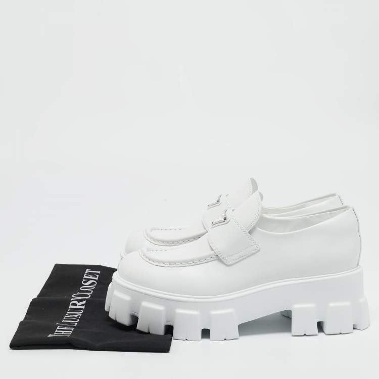 Pre Owned Prada White Leather Monolith Triangle Logo Loafers Size 39