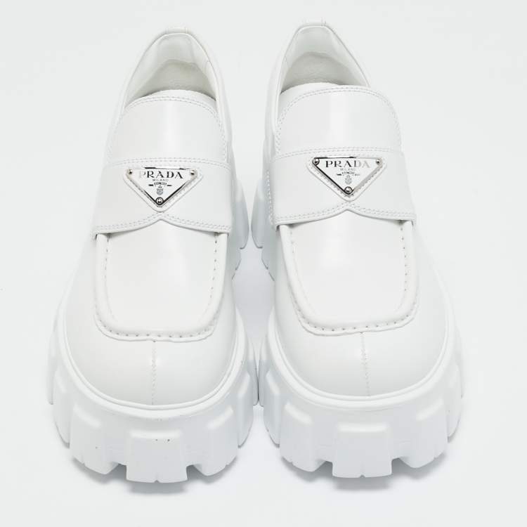 Pre Owned Prada White Leather Monolith Triangle Logo Loafers Size 39