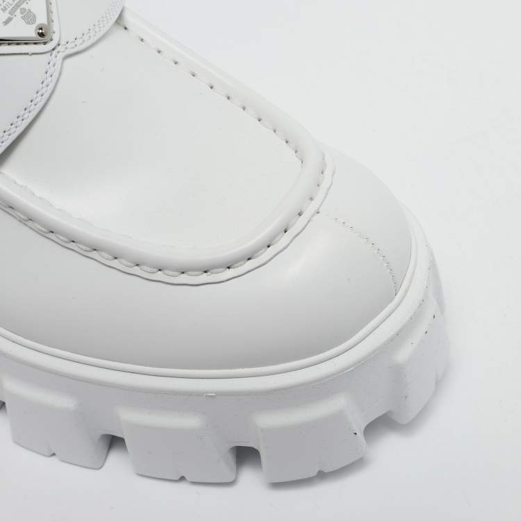 Pre Owned Prada White Leather Monolith Triangle Logo Loafers Size 39