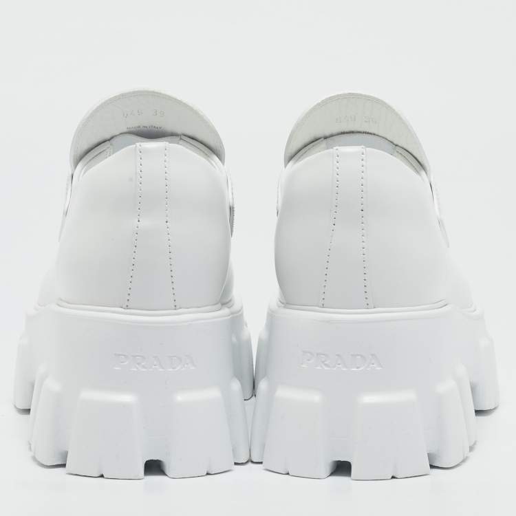 Pre Owned Prada White Leather Monolith Triangle Logo Loafers Size 39
