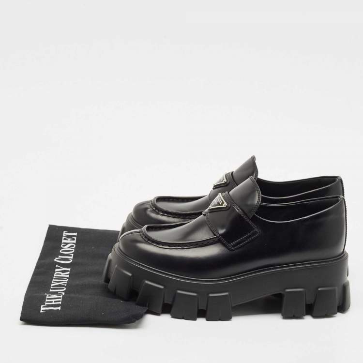Pre Owned Prada Black Leather Triangle Logo Monolith Loafers Size 39