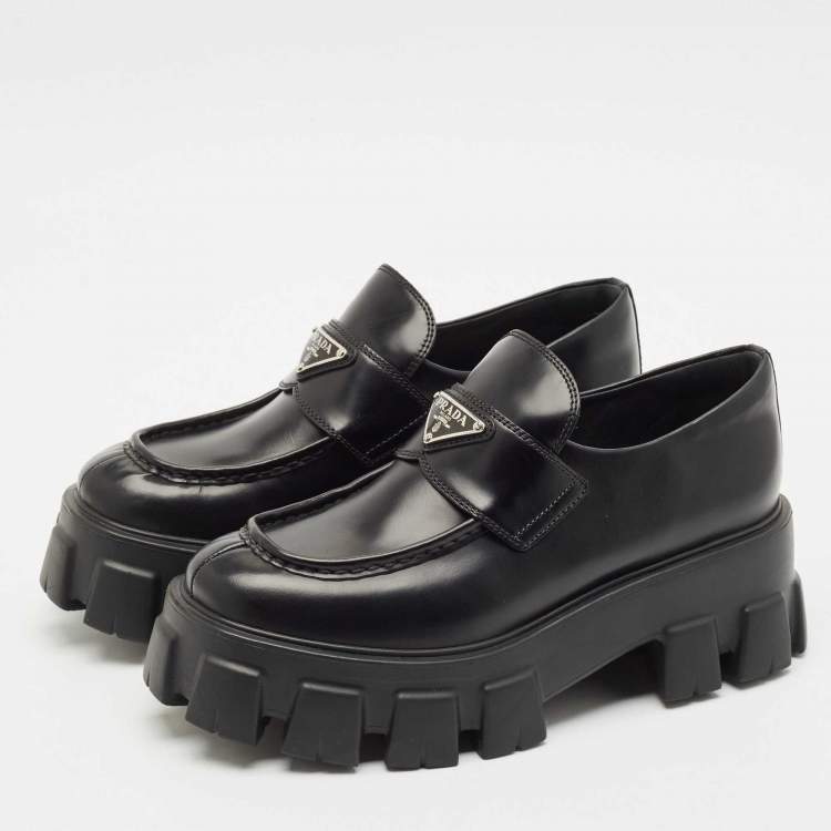 Pre Owned Prada Black Leather Triangle Logo Monolith Loafers Size 39