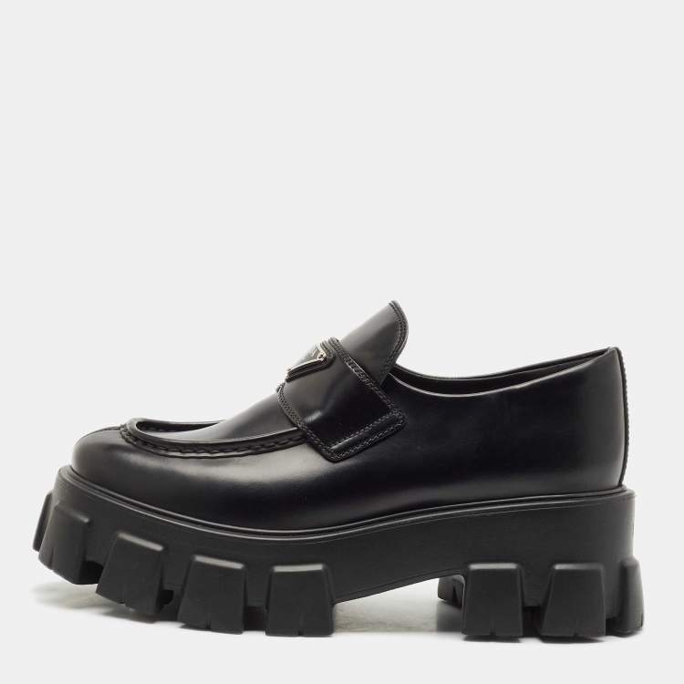 Pre Owned Prada Black Leather Triangle Logo Monolith Loafers Size 39