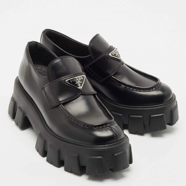 Pre Owned Prada Black Leather Triangle Logo Monolith Loafers Size 39
