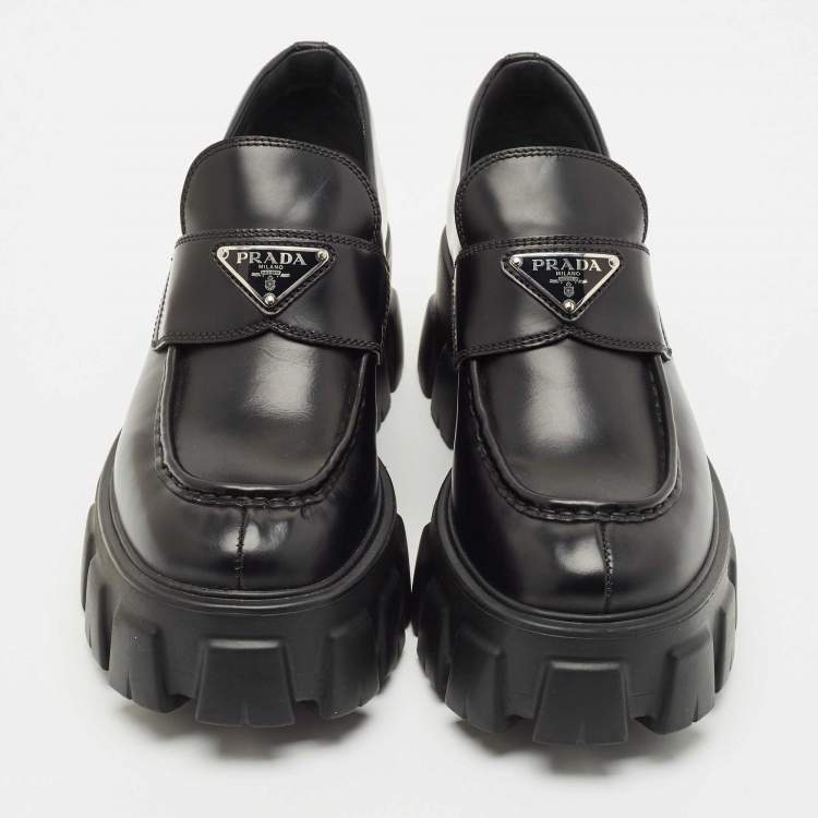 Pre Owned Prada Black Leather Triangle Logo Monolith Loafers Size 39