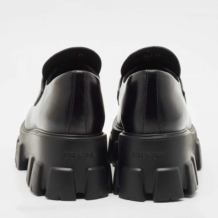 Pre Owned Prada Black Leather Triangle Logo Monolith Loafers Size 39