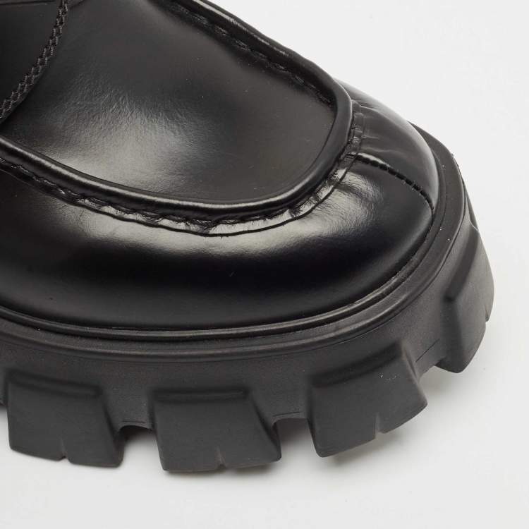 Pre Owned Prada Black Leather Triangle Logo Monolith Loafers Size 39