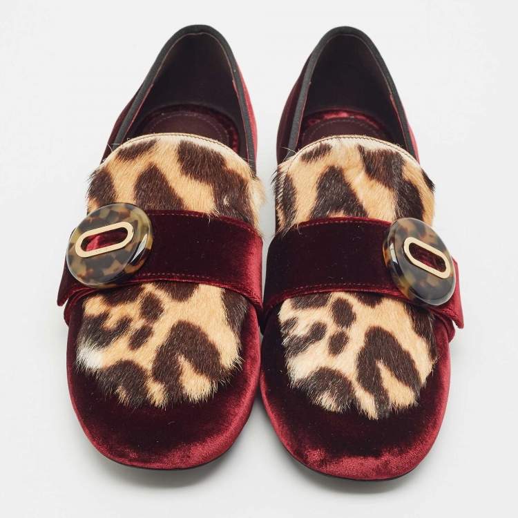 Pre Owned Prada Burgundy/Brown Velvet and Calf Hair Slip On Loafers Size 40