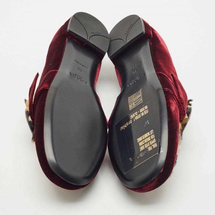 Pre Owned Prada Burgundy/Brown Velvet and Calf Hair Slip On Loafers Size 40