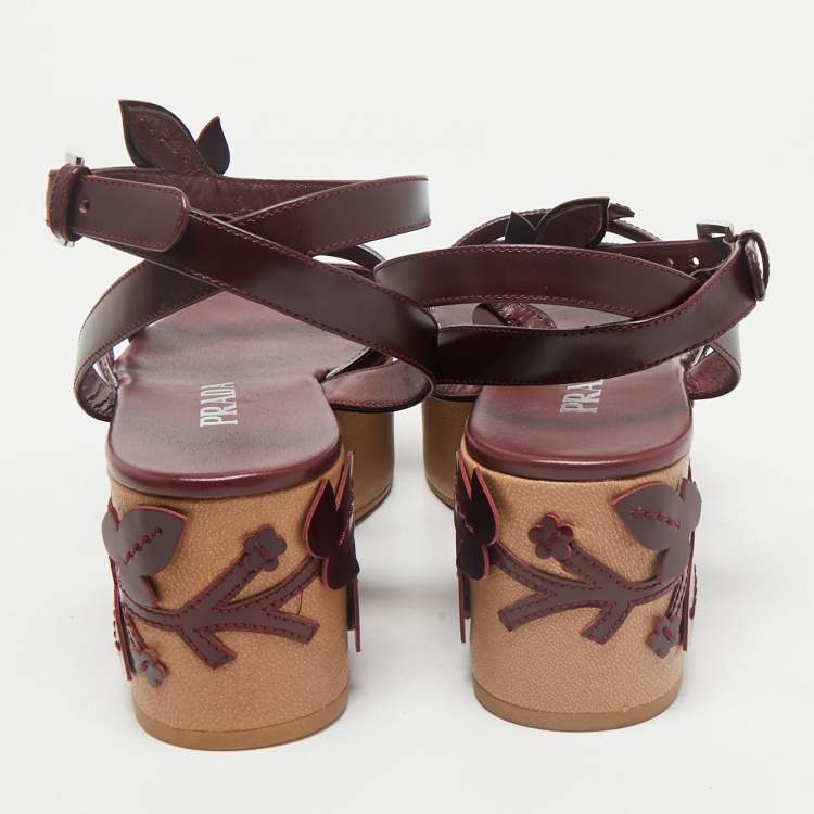 Pre Owned Prada Burgundy  Leather Wedge Ankle Strap Sandals Size 37.5