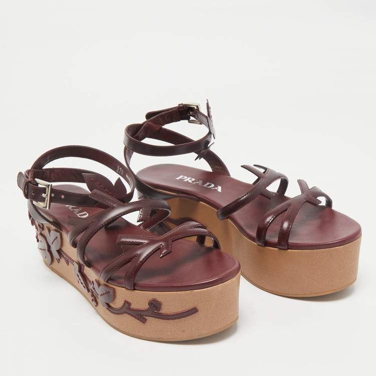 Pre Owned Prada Burgundy  Leather Wedge Ankle Strap Sandals Size 37.5