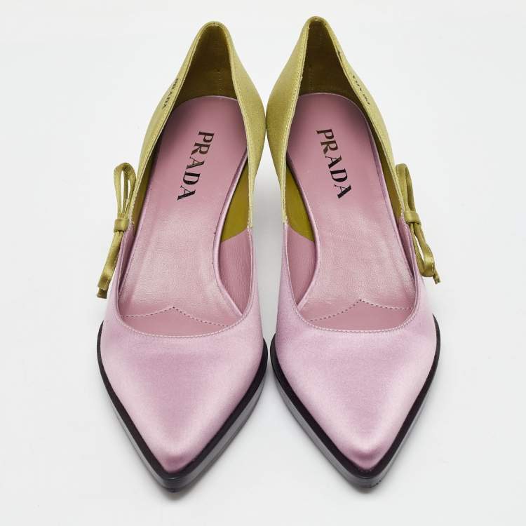 Pre Owned Prada Pink/Green Satin Runway Colorblock Pointed Toe Pumps Size 38.5