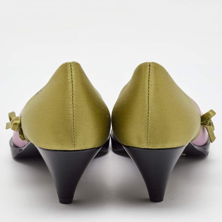 Pre Owned Prada Pink/Green Satin Runway Colorblock Pointed Toe Pumps Size 38.5
