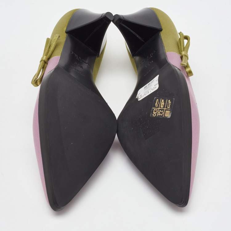 Pre Owned Prada Pink/Green Satin Runway Colorblock Pointed Toe Pumps Size 38.5