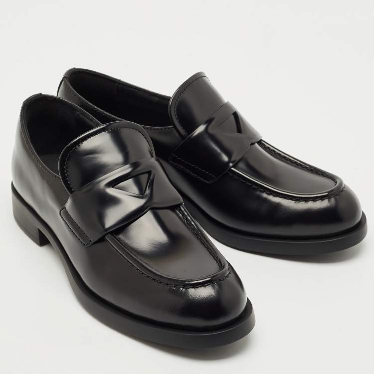 Pre Owned Prada Black Brushed Leather Slip On Loafers Size 37