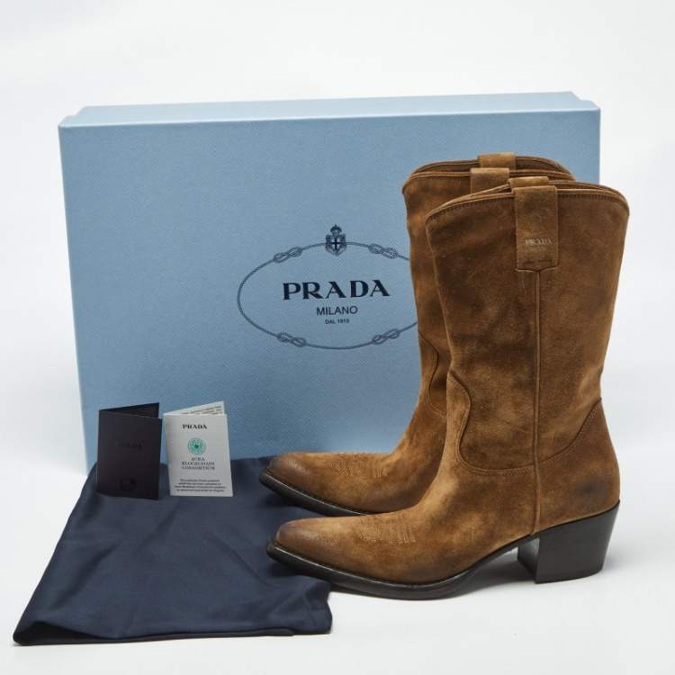 Pre Owned Prada Brown Suede Cowboy Boots Size 37