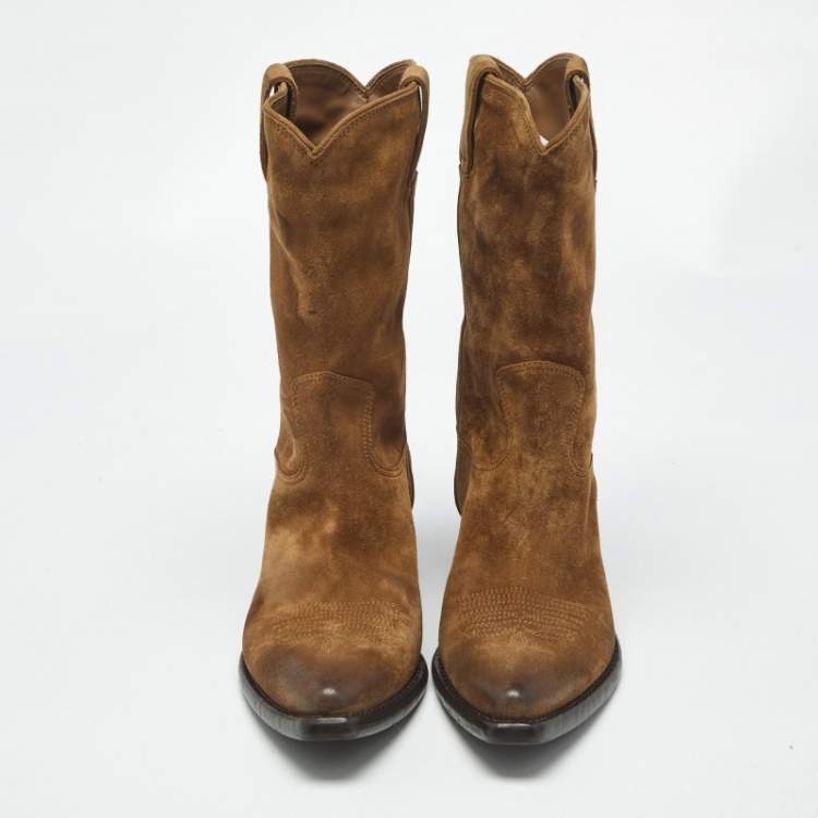 Pre Owned Prada Brown Suede Cowboy Boots Size 37