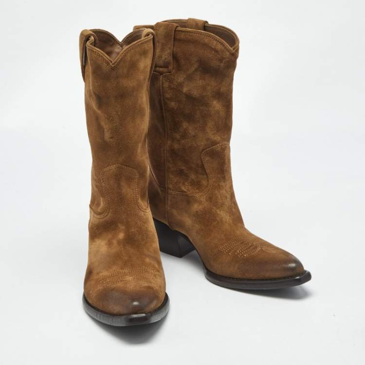 Pre Owned Prada Brown Suede Cowboy Boots Size 37