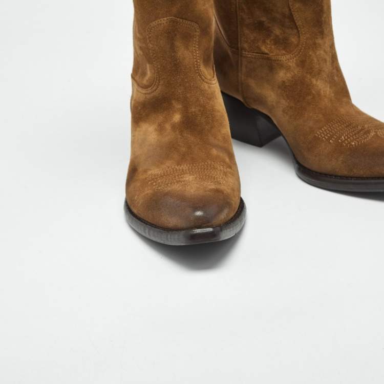 Pre Owned Prada Brown Suede Cowboy Boots Size 37