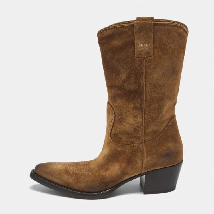 Pre Owned Prada Brown Suede Cowboy Boots Size 37
