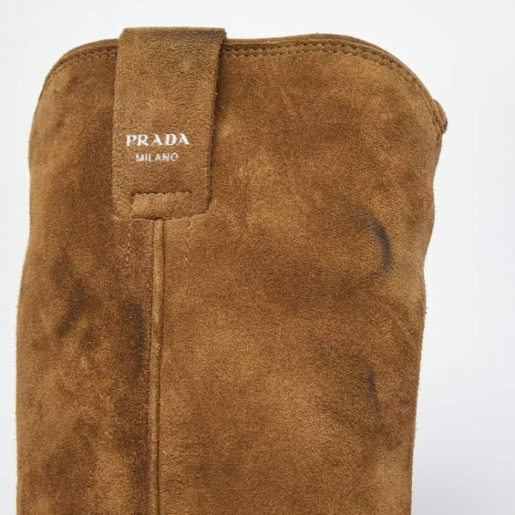 Pre Owned Prada Brown Suede Cowboy Boots Size 37