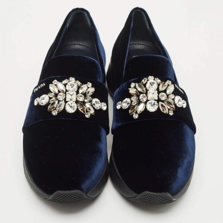 Pre Owned Prada Navy Blue Velvet Crystal Embellished Slip On Sneakers Size 38.5