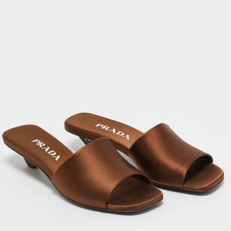 Pre Owned Prada Brown Satin Slide Sandals Size 36.5