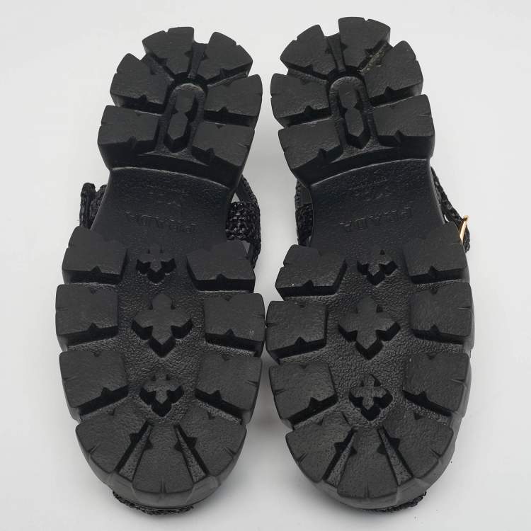 Pre Owned Prada Black Woven Straw Monolith Ankle Strap Sandals Size 39