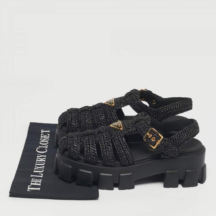 Pre Owned Prada Black Woven Straw Monolith Ankle Strap Sandals Size 39