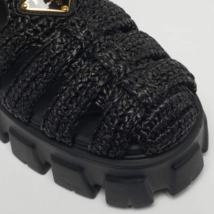 Pre Owned Prada Black Woven Straw Monolith Ankle Strap Sandals Size 39