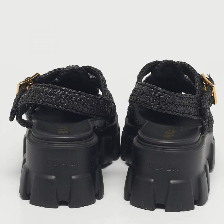 Pre Owned Prada Black Woven Straw Monolith Ankle Strap Sandals Size 39
