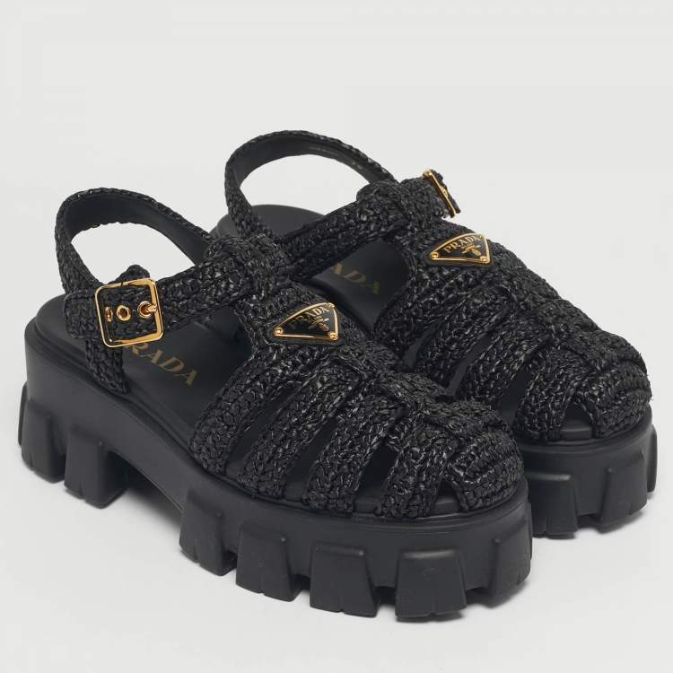 Pre Owned Prada Black Woven Straw Monolith Ankle Strap Sandals Size 39