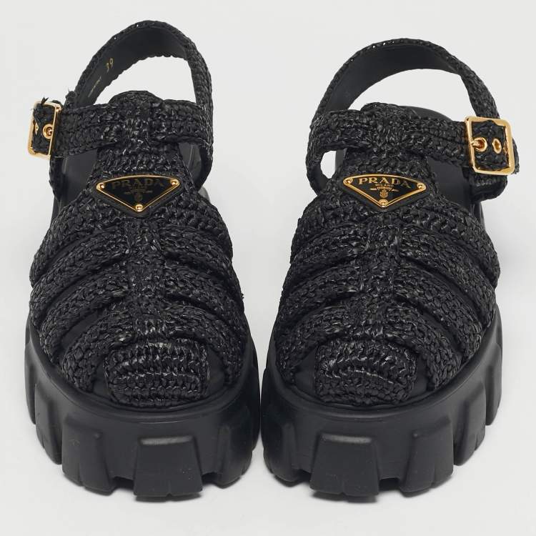 Pre Owned Prada Black Woven Straw Monolith Ankle Strap Sandals Size 39