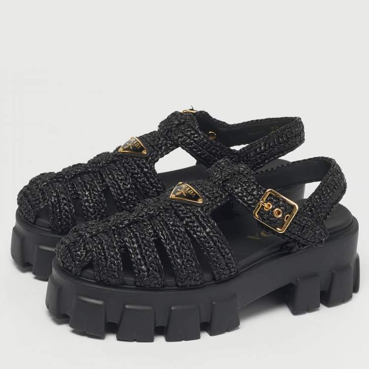 Pre Owned Prada Black Woven Straw Monolith Ankle Strap Sandals Size 39