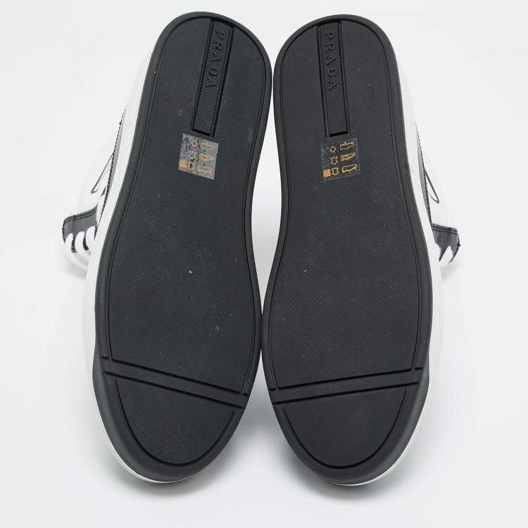 Pre Owned Prada White/Black Leather and Nylon New Avenue High Top Sneakers Size 37.5