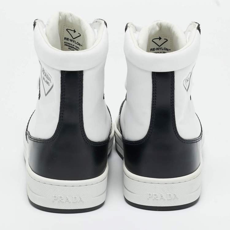 Pre Owned Prada White/Black Leather and Nylon New Avenue High Top Sneakers Size 37.5
