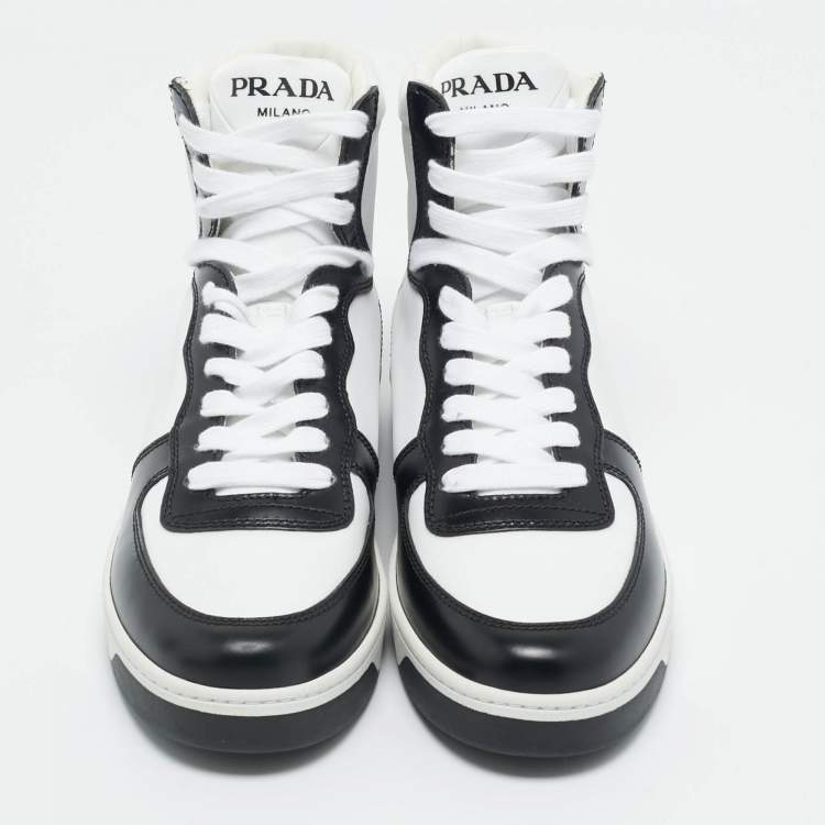 Pre Owned Prada White/Black Leather and Nylon New Avenue High Top Sneakers Size 37.5