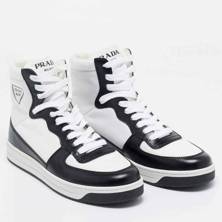 Pre Owned Prada White/Black Leather and Nylon New Avenue High Top Sneakers Size 37.5