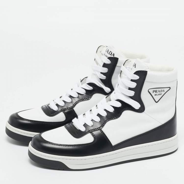 Pre Owned Prada White/Black Leather and Nylon New Avenue High Top Sneakers Size 37.5