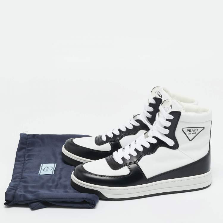 Pre Owned Prada White/Black Leather and Nylon New Avenue High Top Sneakers Size 37.5