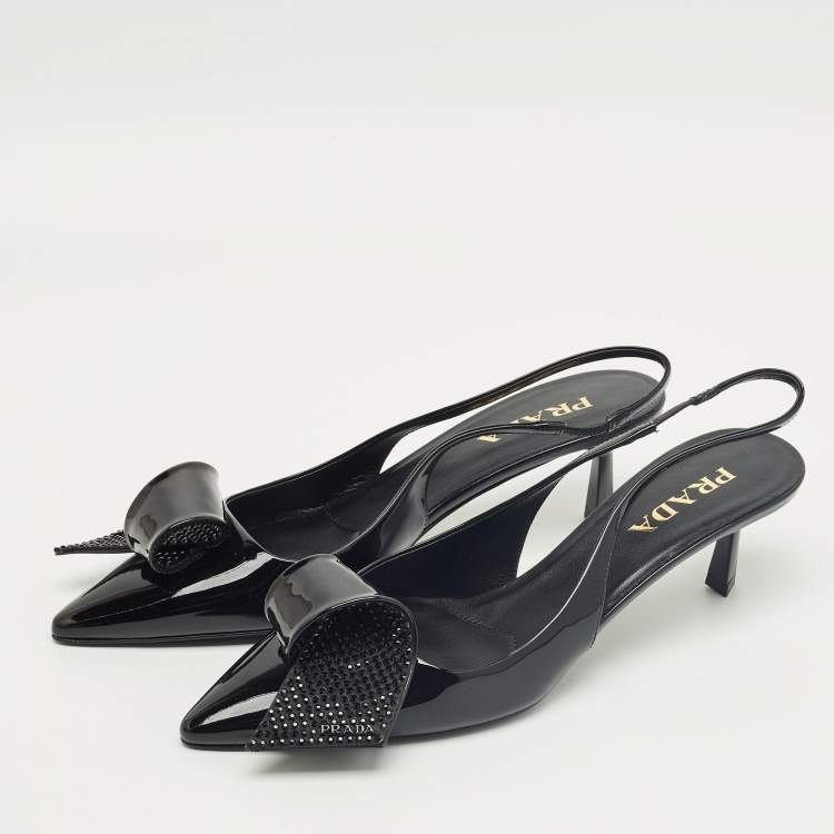 Pre Owned Prada Black Patent Leather Crystal Embellished Slingback Pumps Size 41