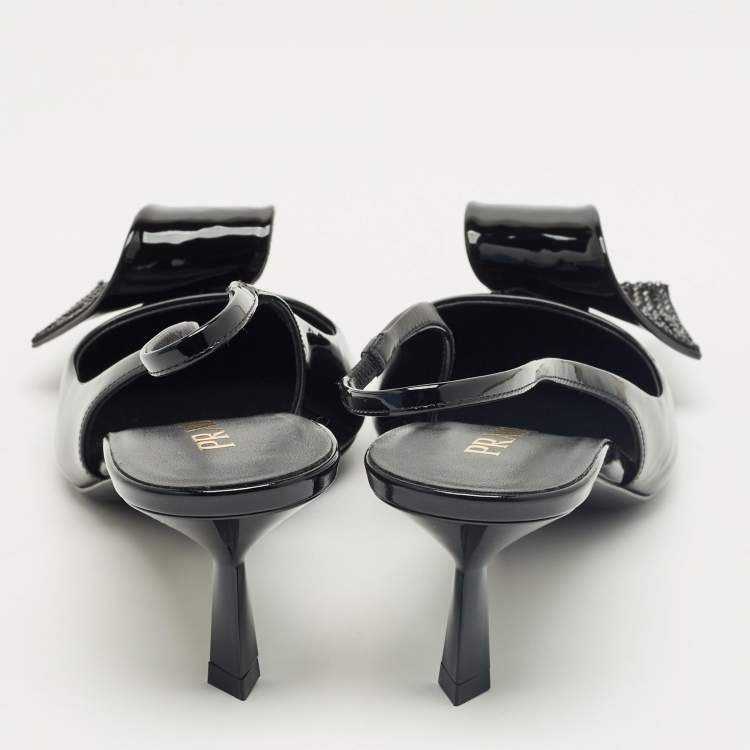 Pre Owned Prada Black Patent Leather Crystal Embellished Slingback Pumps Size 41