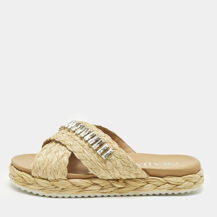 Pre Owned Prada Size 36 Beige Raffia Crisscross Crystal Embellished Flat Slides